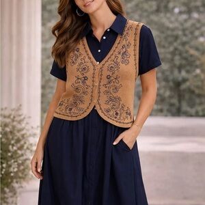 Navy Blue Dress with Tan Embroidered Vest